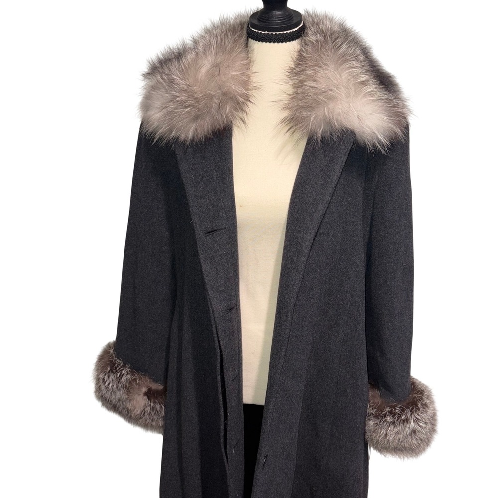 Vintage Long LambsWool Coat Womens 6 Grey Fox Fur Trim Mob Wife Marvin Richards